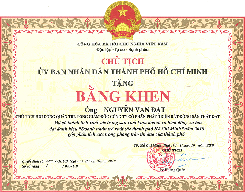 BẰNG KHEN CỦA CHỦ TỊCH UBND TP.HCM NĂM 2010