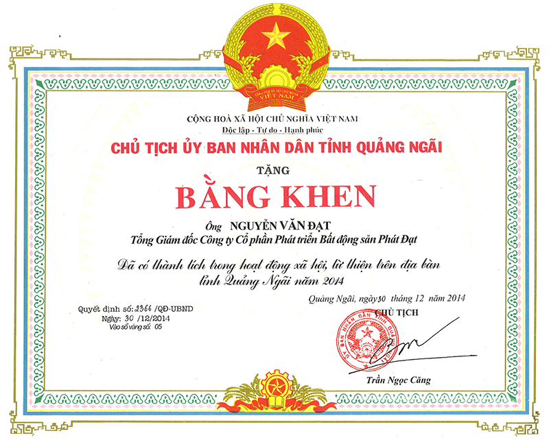 BẰNG KHEN CỦA UBND TỈNH QUẢNG NGÃI VỀ HOẠT ĐỒNG VÌ CỘNG ĐỒNG VÀ AN SINH XÃ HỘI NĂM 2014
