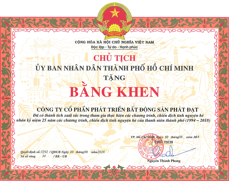 BẰNG KHEN CHỦ TỊCH UBND TP.HCM ĐÃ CÓ THÀNH TÍCH XUẤT SẮC TRONG THAM GIA THỰC HIỆN CÁC CHƯƠNG TRÌNH, CHIẾN DỊCH TÌNH NGUYỆN HÈ  (1994 - 2018)