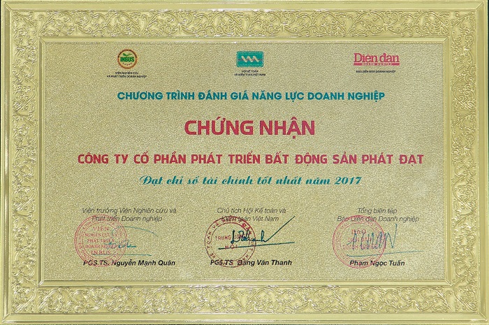CHỨNG NHẬN DOANH NGHIỆP ĐẠT CHỈ SỐ TÀI CHÍNH TỐT NHẤT NĂM 2017