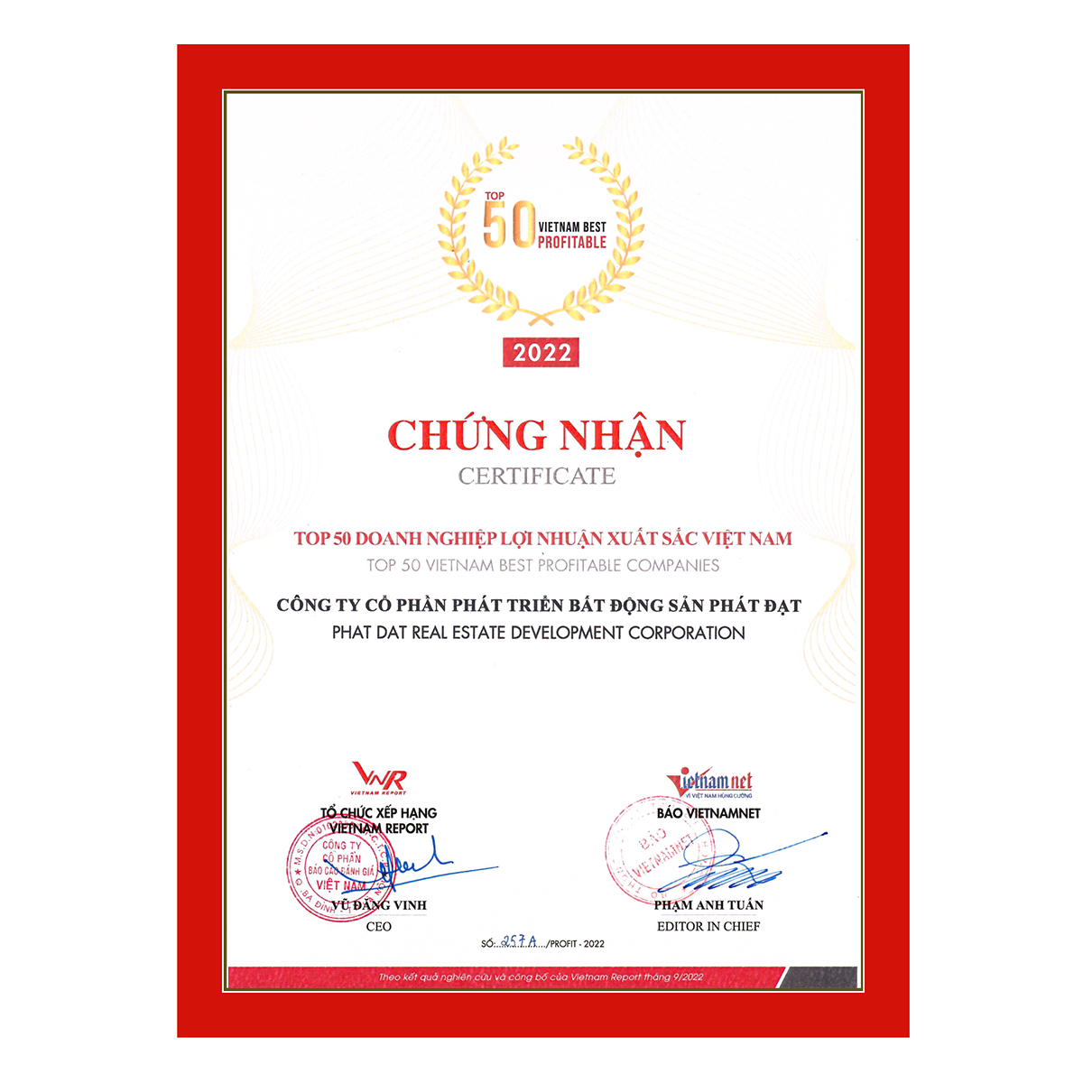 TOP 50 DOANH NGHIỆP LỢI NHUẬN XUẤT SẮC VIỆT NAM NĂM 2022